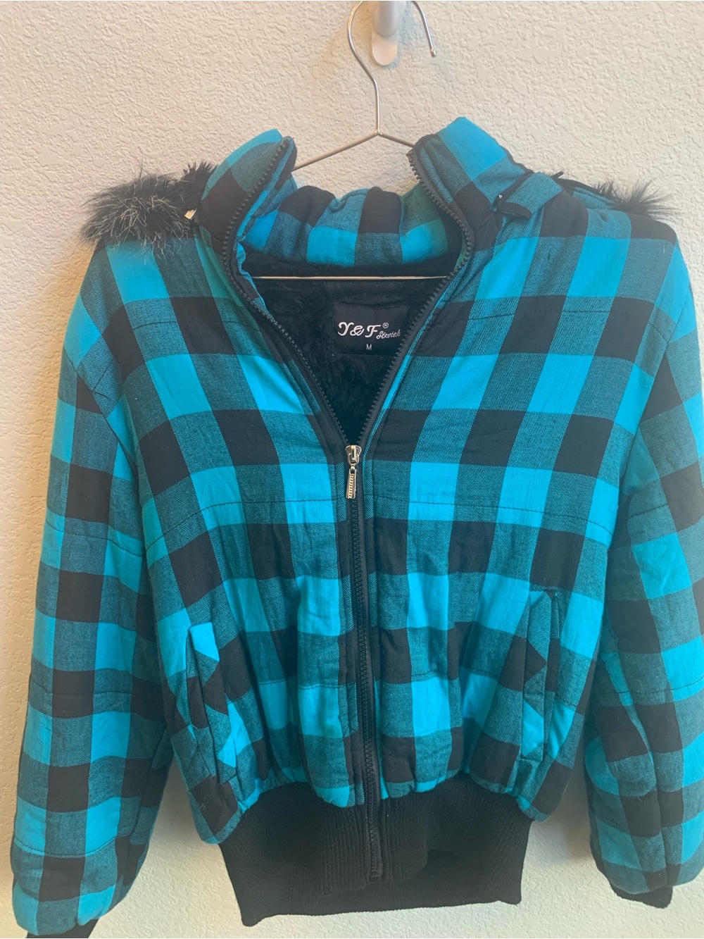 Teal and Black Plaid Hooded Puffer Jacket